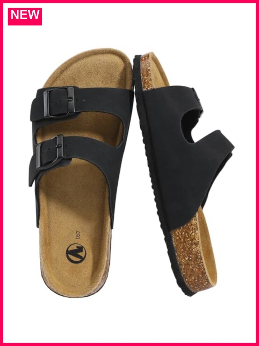 Women's Faux Leather Cork Footbed Slide Sandals with Arch Support, Adjustable